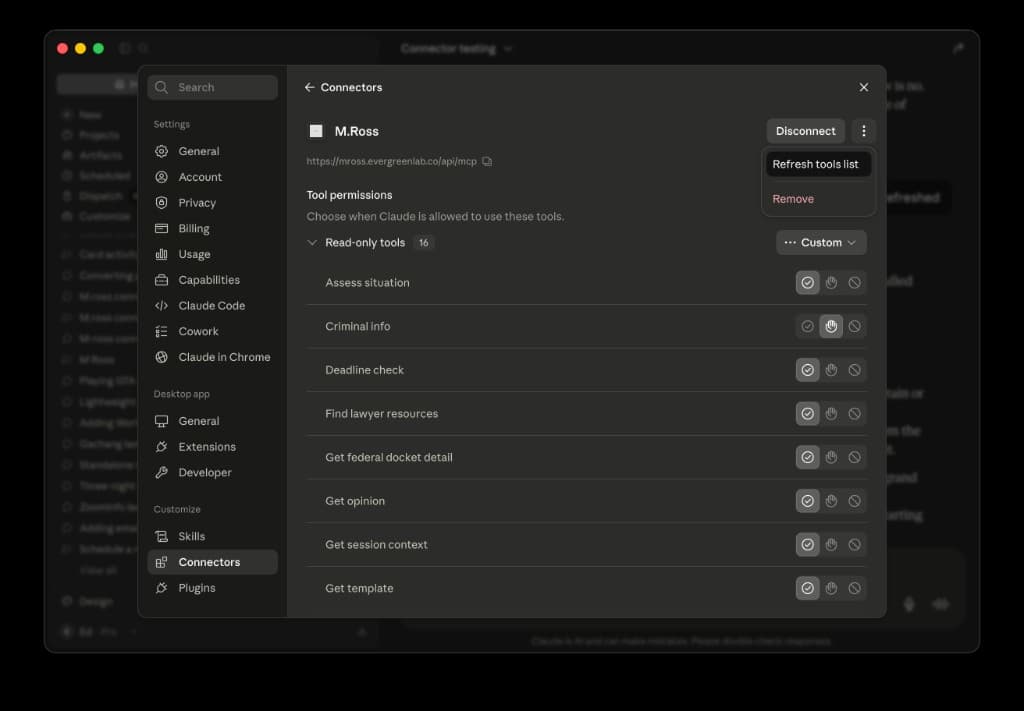 Claude Connectors menu for M.Ross with Refresh tools list option