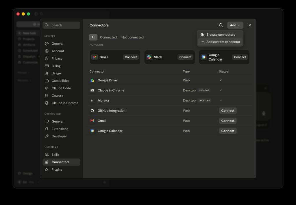 Claude Connectors settings with Add custom connector menu open
